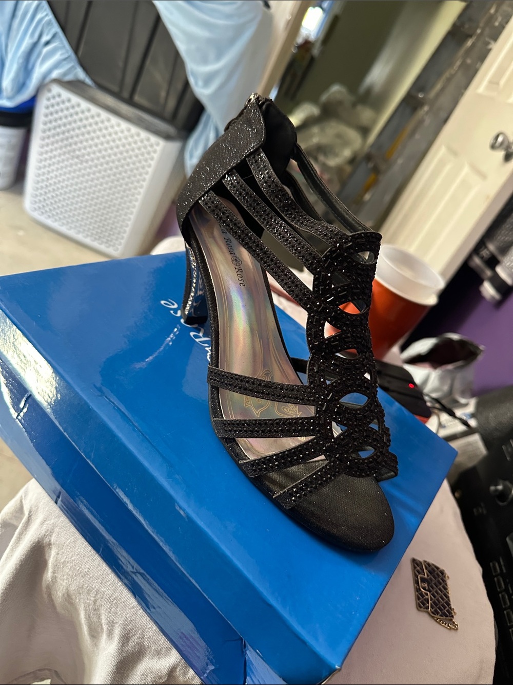 Women's Black Rhinestone Strappy Dress Heels